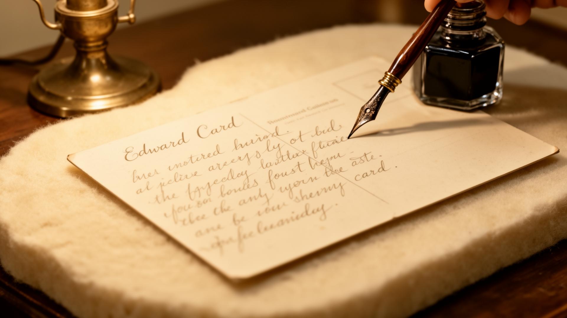 An Edwardian postcard being written by lamplight with a dip pen and ink