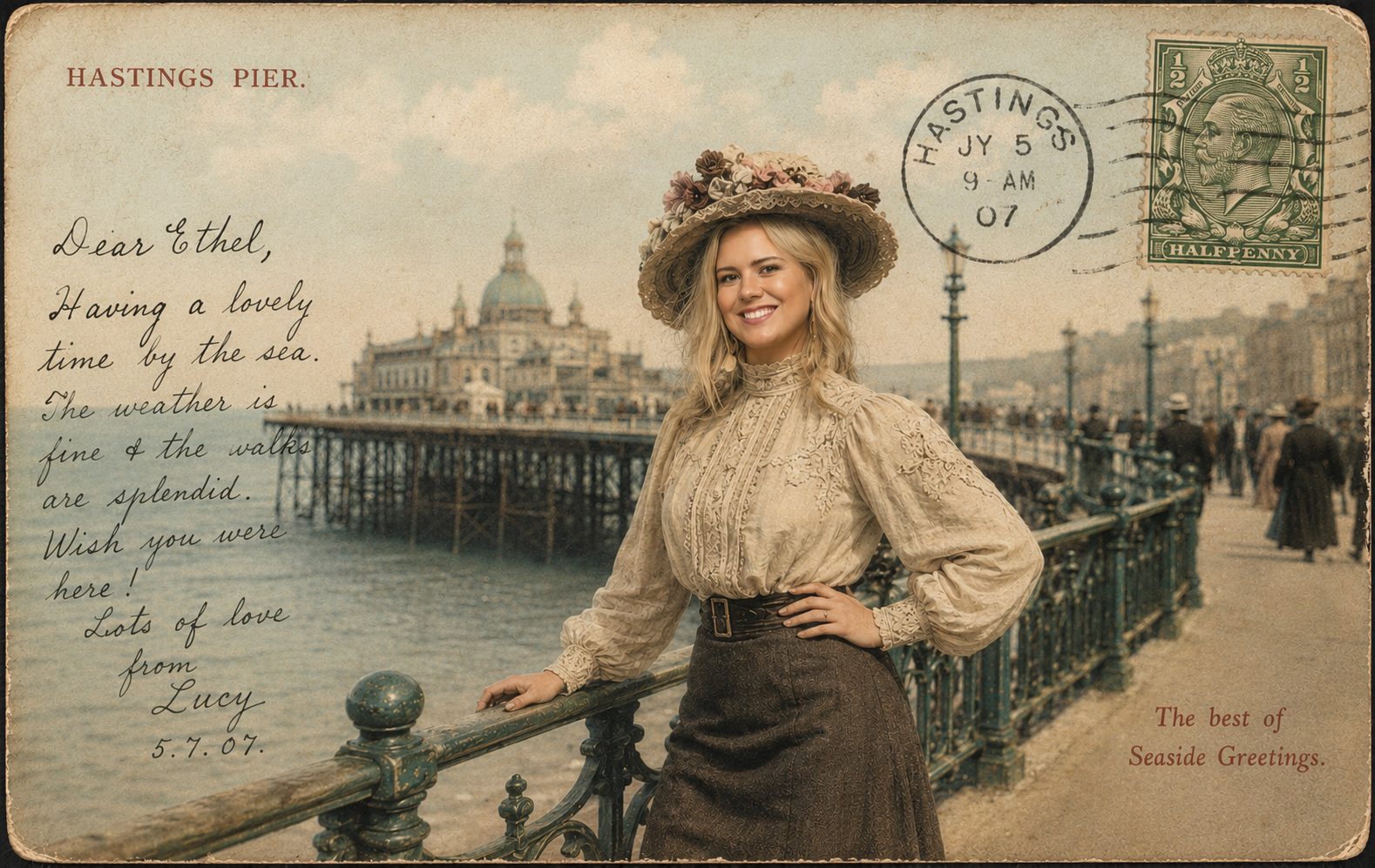 An imagined postcard from Lucy, the curator, posted from Hastings Pier in 1907.