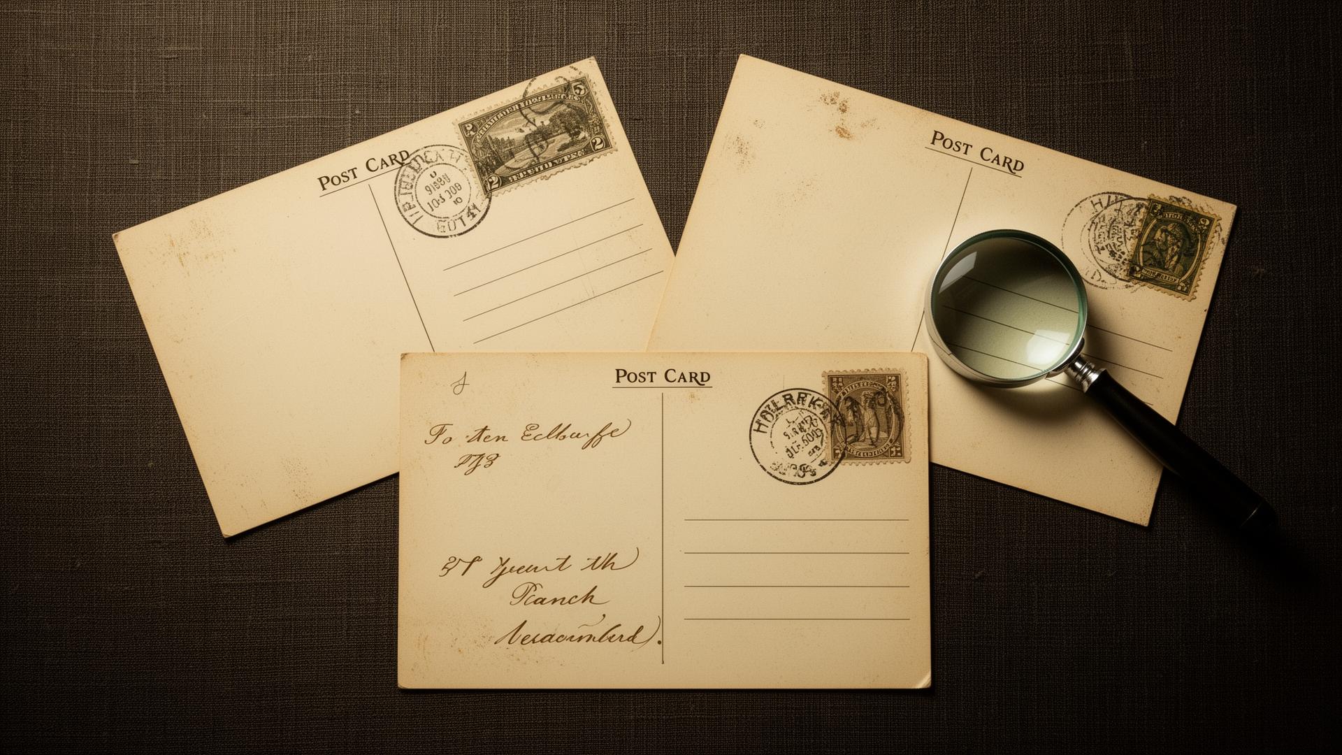 The reverse of three vintage postcards with old stamps and faded postmarks, examined under a loupe